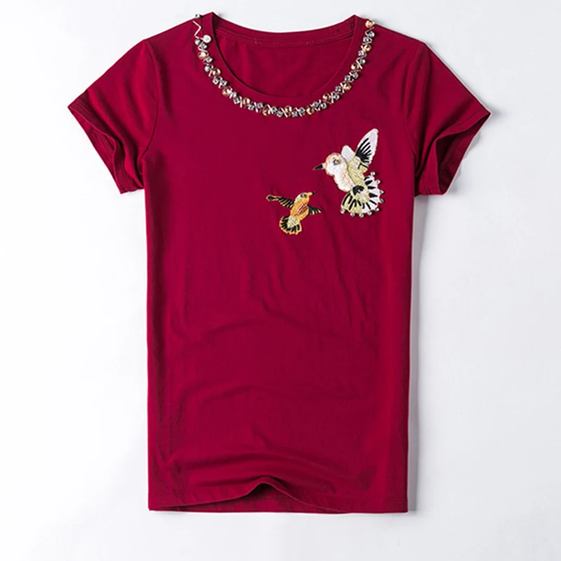 Shirt Lady T-shirt high-quality cotton 2017 summer new hot love bird pattern short-sleeved shirt Slim women's clothing X017