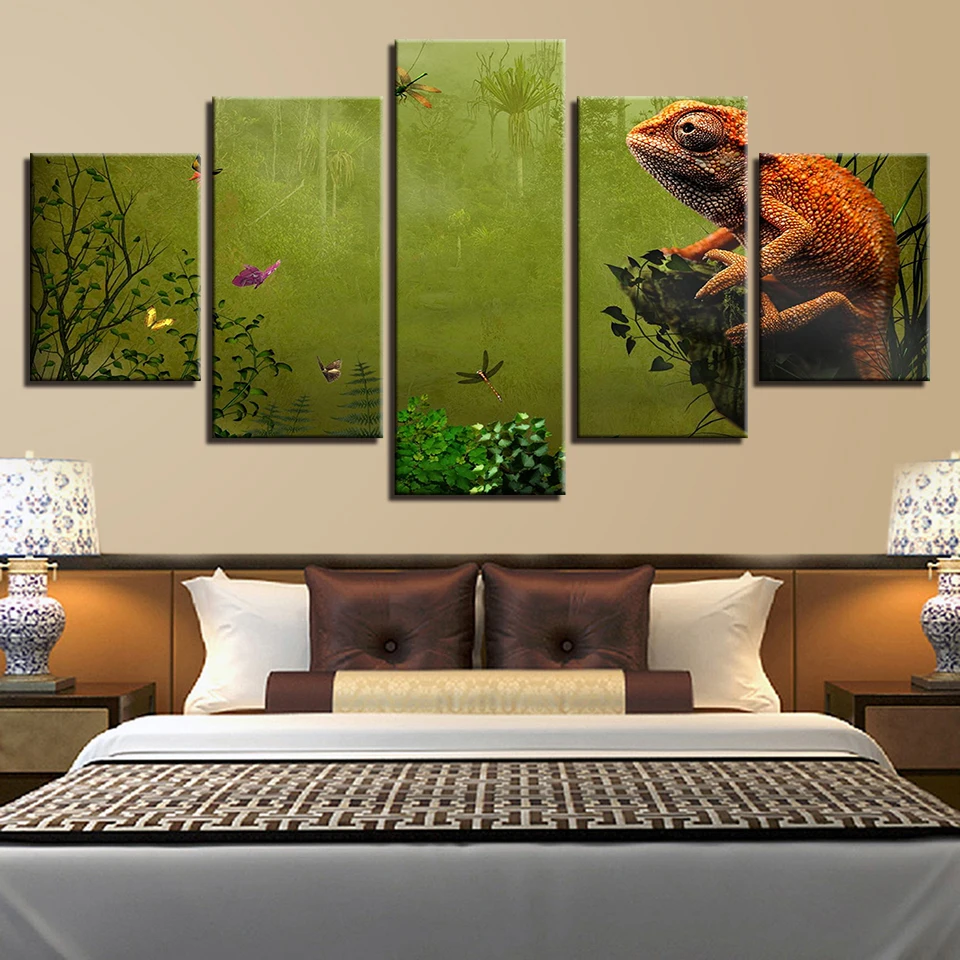 

Landscape Pictures Printing Decor Living Room 5 Pieces Toad Dragonfly Butterfly Pond Canvas Paintings Framework Modular Wall Art