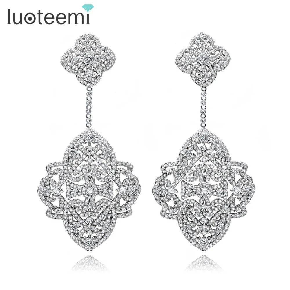 LUOTEEMI New Elegant font b Earrings b font Big Square CZ Crastal Flower Shape Drop Brincos