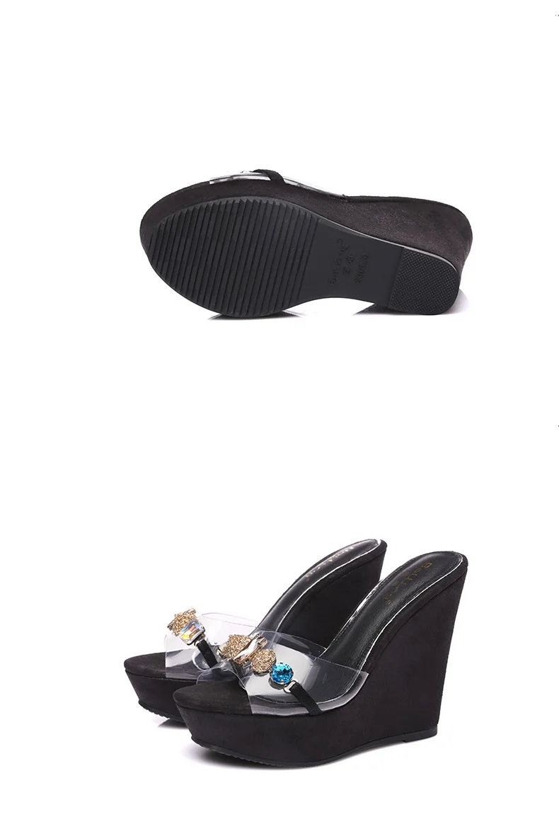 29_New 2018 Wedges Slippers Female Summer Fashion High-heeled Platform Rhinestones Small Size Shoes Pink White Black