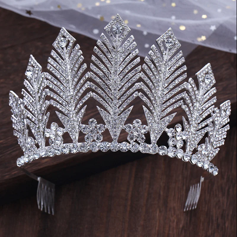 

KMVEXO Gorgeous Silver Color Wedding Queen Crown Luxury Crystal Big Leaves Tiara Crowns With Comb Bride Wedding Bridal Headdress