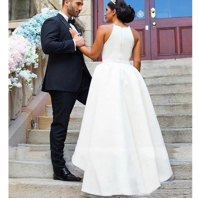 US $56.01 Modest Simple Wedding Dresses Hi Low Halter Neck Satin ALine Sleeveless Cheap Wedding Party Formal Beach Bridal Gowns