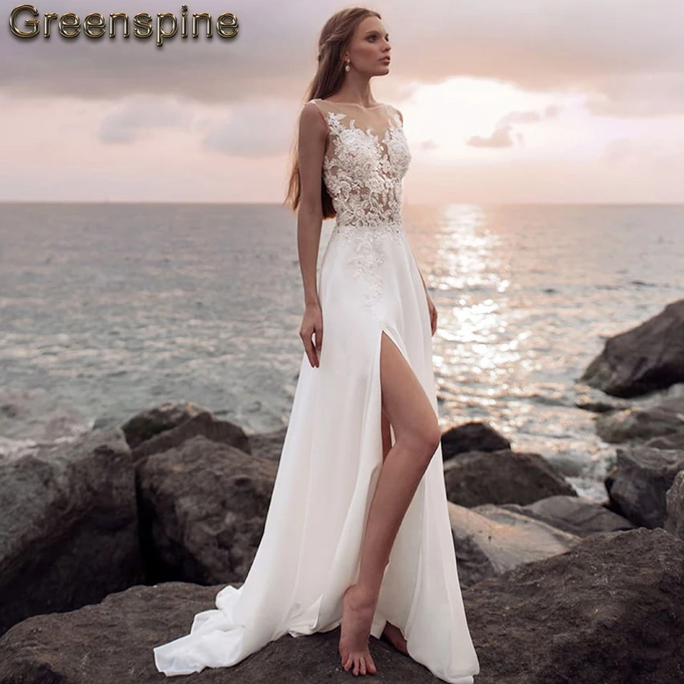 

Puffy Chiffon Beach Wedding Dress 2019 Robe De Mariee High Side Split Sexy Bride Dresses Illusion Buttons Back Lace Beading Top