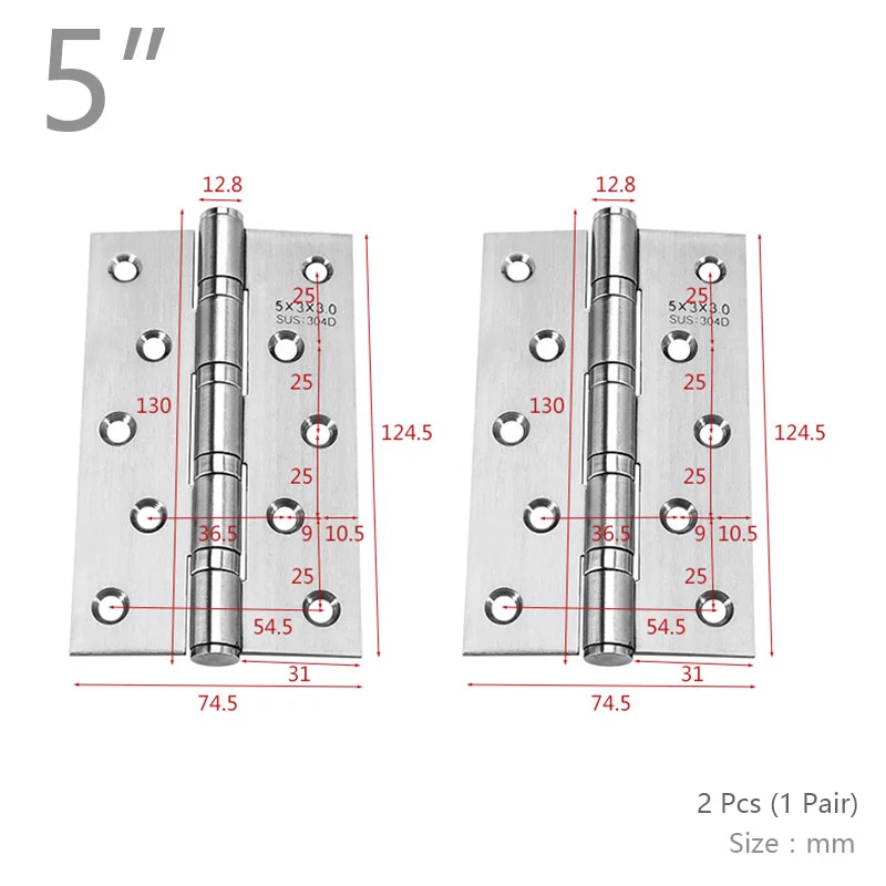 " 5 дюймов 2 шт(1 пара) мебельная фурнитура Аксессуары 304 нержавеющая сталь плоская петля, дверная Толстая дверная петля высокого качества - Цвет: 5 inch 2 Pcs