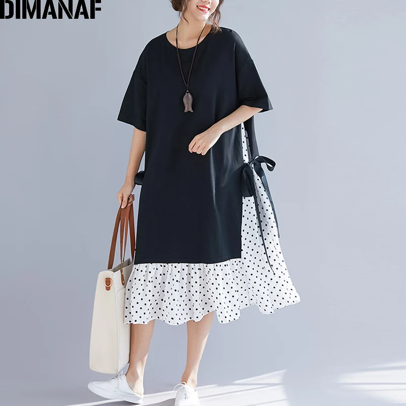 DIMANAF Plus Size Women Dress Summer Sundress Fashion Print Dot Cotton Female Lady Vestidos Spliced Black Loose Beach Dress 2019