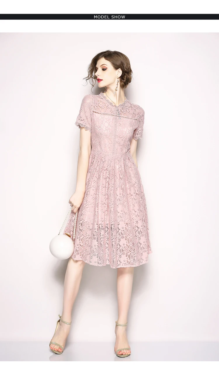 Pink Lace Knee-length Office Work Dress