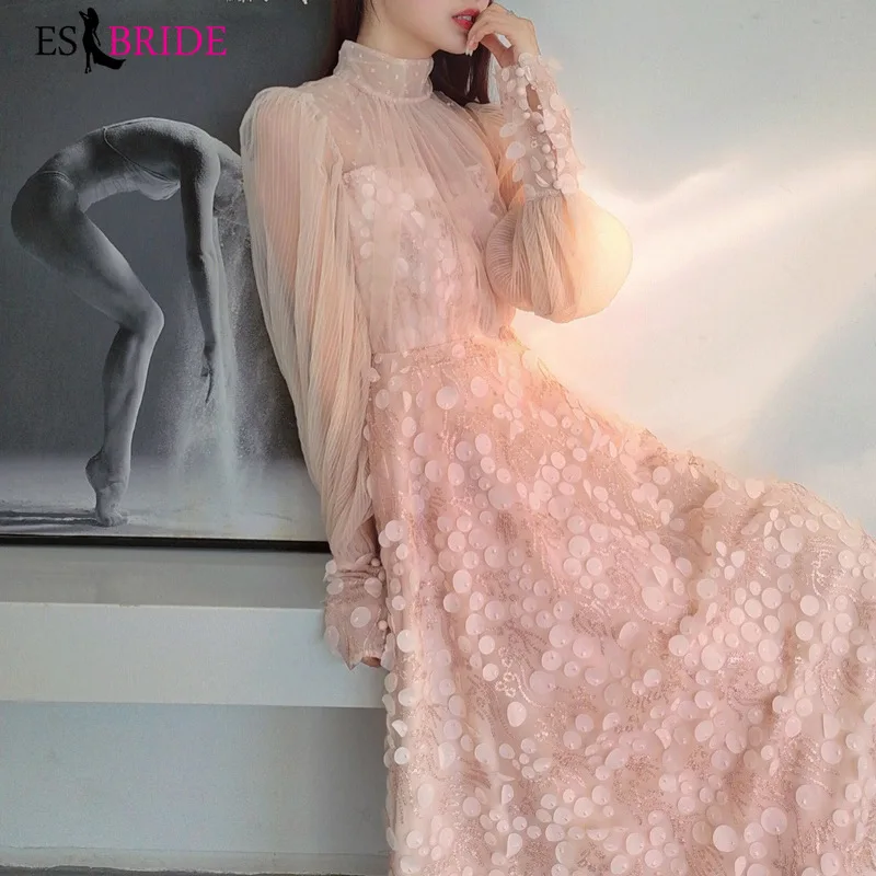 Formal Evening Dresses Long 2019 High-neck Tulle Long Sleeve Wedding Guest Gown Lace Appliques Elegant Abito Da Cerimonia ES1889