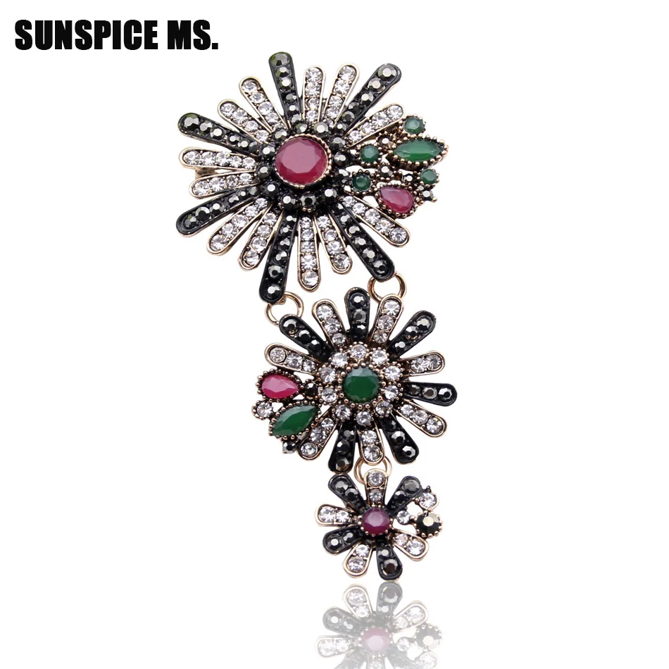 Wholesale Turkish Brooch Pin Antique Gold Color Resin Rhinestone Flower
