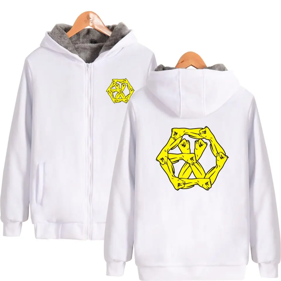 Kpop EXO M EXO K плотная толстовка с капюшоном на молнии черного и белого цвета, зимняя теплая утолщенная куртка с капюшоном EXO на молнии, негабаритная 4XL