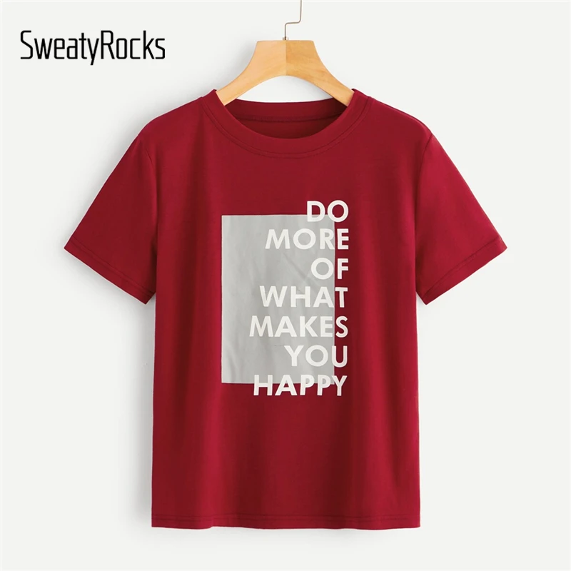 

SweatyRocks Slogan Print Tee Shirt Female Short Sleeve Summer Tops 2019 Streetwear Burgundy Yellow Women T-shirt Casual Top