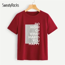 Футболка с надписью SweatyRocks, женские летние топы с коротким рукавом, уличная одежда, бордовая, желтая женская футболка, повседневный Топ