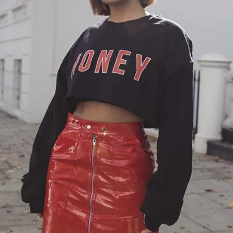 

Fashion Ladies Sweatshirts Womens Girls Crop Top Black Tops Casual Long Sleeve Pullover Jumper Short Shirt