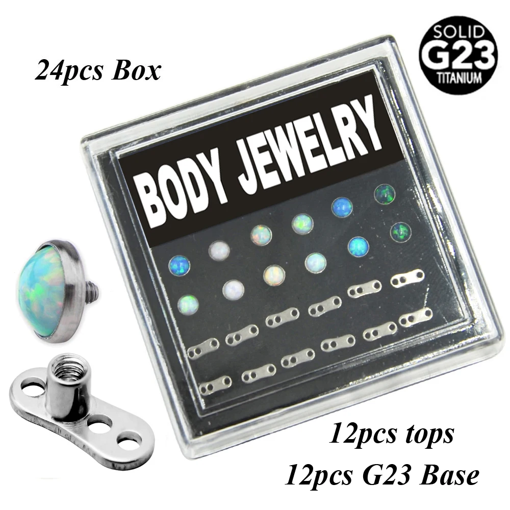 G23 Titanium Opal Dermal Anchor Top Head with Dermal Base Piercing Body Jewelry Box Set 24pcs