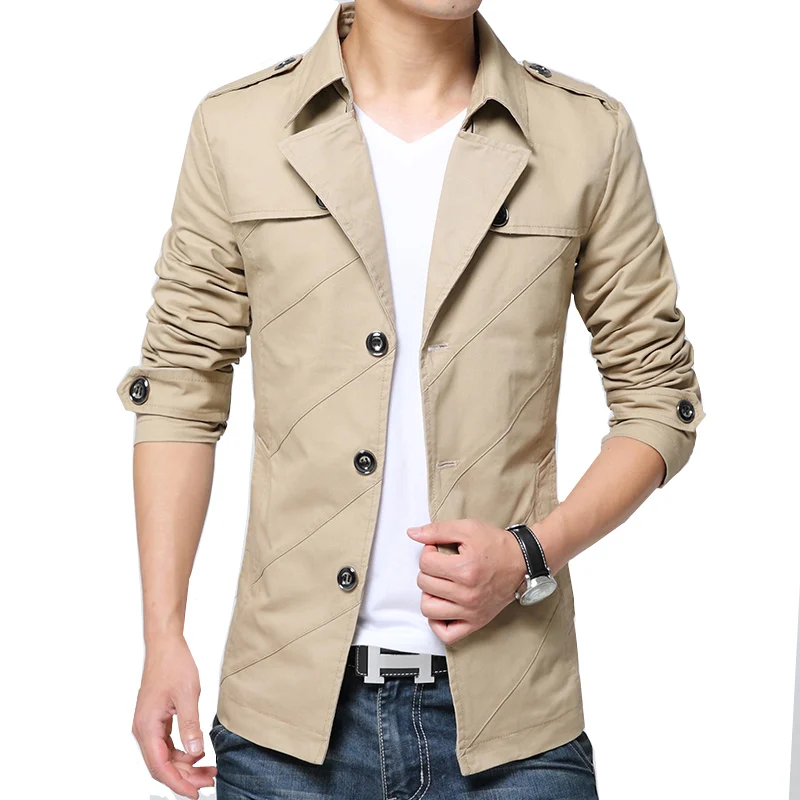 

Men Medium-long Trench Coat British style Slim Fit Windproof Jacket Coat Business Casual Cotton pure color Fashion Overcoats