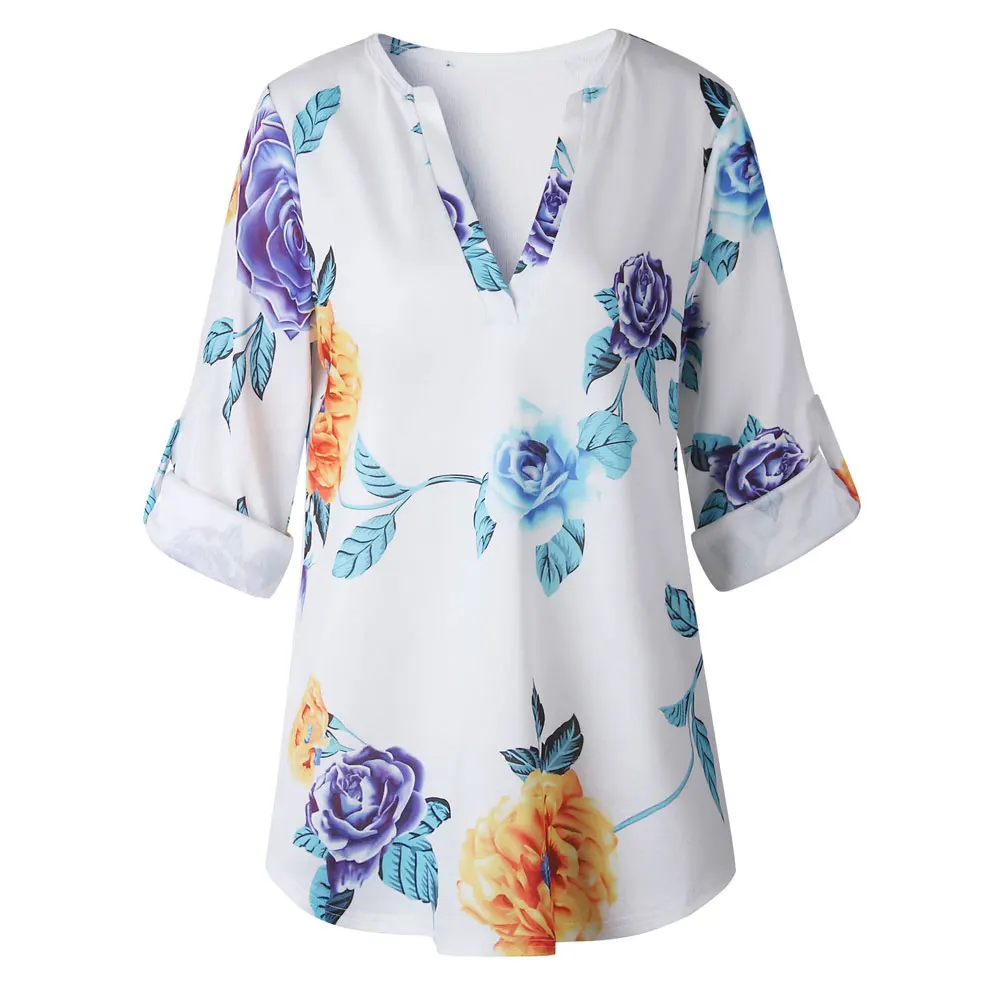 Женские повседневные топы с цветочным принтом, модная женская летняя Свободная блузка с рукавом 3/4 и v-образным вырезом,, женская рубашка с принтом в виде листьев