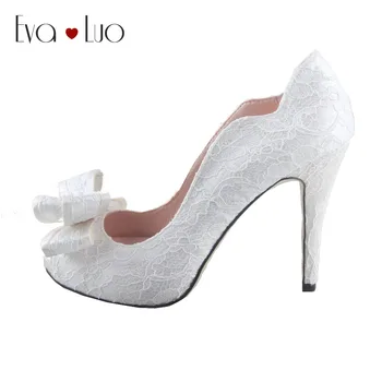 

CHS932 DHL Express Custom Handmade Gorgeous Bow Peep Toe Ivory Lace Bridal Wedding Shoes High Heel Women Shoes Dress Pumps