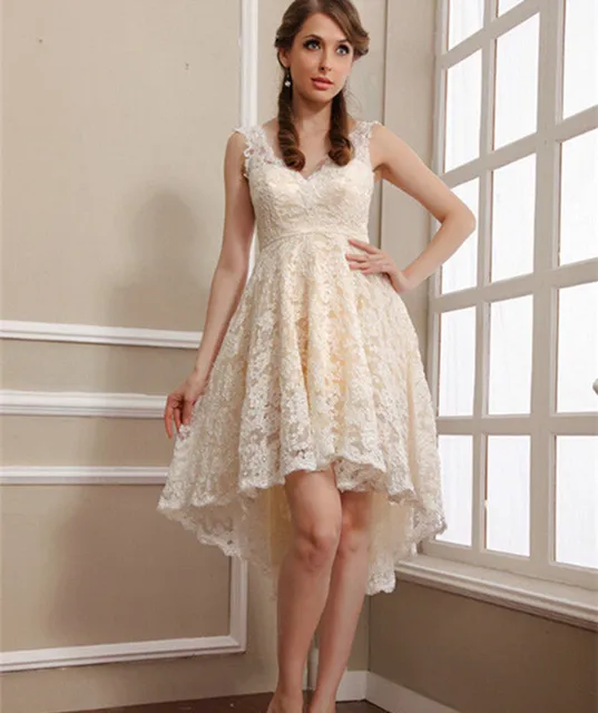 2015 Elegant Beige Lace Short Bride Gown Custom Hi Lo Beach Wedding 2015 Elegant Beige Lace Short Bride Gown Custom Hi Lo Beach Wedding