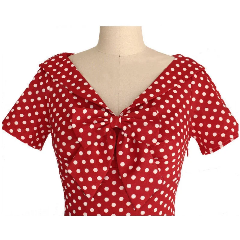Kostlich V Neck With Bow Knot Dot Pencil Dress Short Sleeves Women Summer Dress Bodycone Party Dresses Casual Sundress  (7)