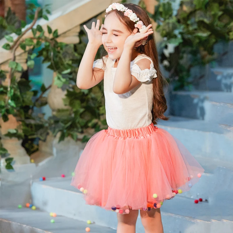 B&N Soft Chiffon Elastic Waist Girl Princess Pettiskirts Children Dance Solid Tutu Skirts Coloful Pompom Tulle Skirts For 2-8T25