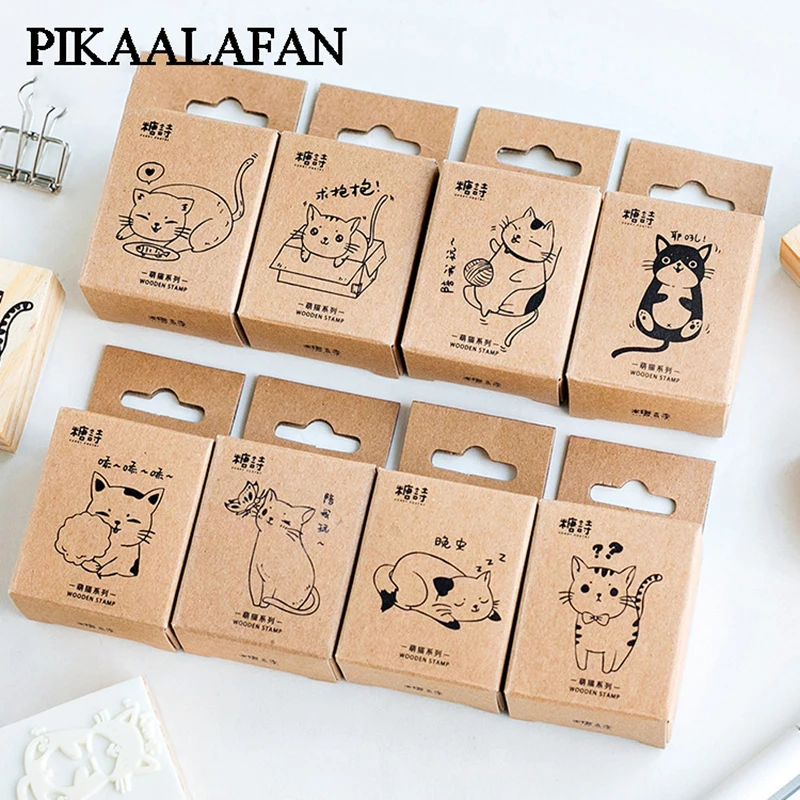 

PIKAALAFAN Cute Cat Series Boxes Wood Stamp Scrapbook DIY Photo Album Card Decoration Craft Wooden Rubber Stamp Toy