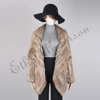 

Lady Hand Knitted Coat/Cardigan Retro Novelty Real Rabbit Fur Jacket Big Turn-down Collar Chic Thick Long Sleeve TopIrregular