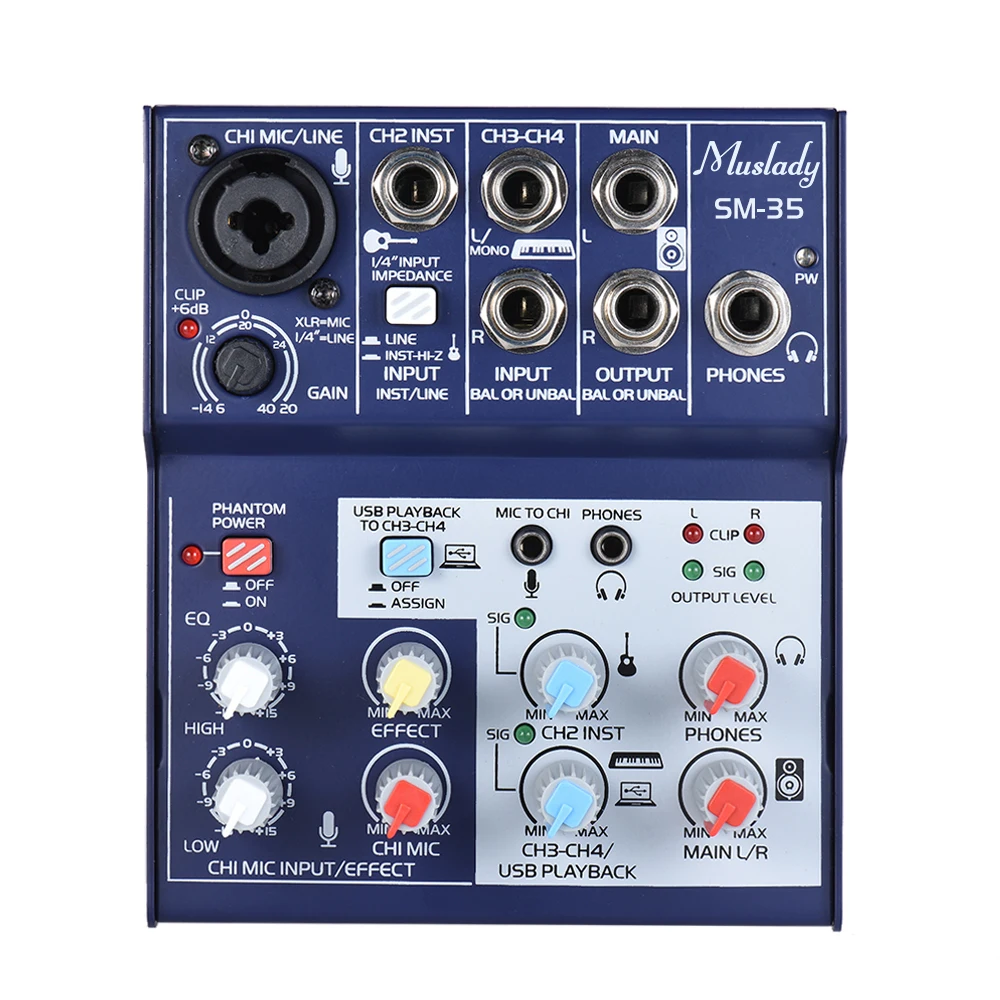 

SM-35 4-Channel Sound Card Mixing Console Digital Audio Mixer Supports 5V Power Bank USB Power Supply 2-band EQ for Recording