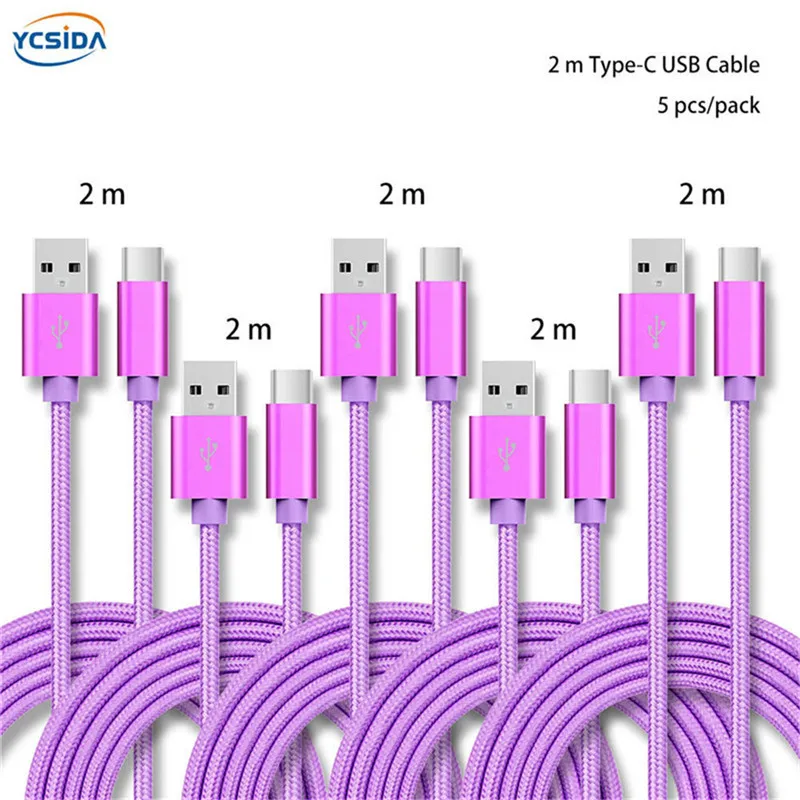 Тип usb-C 2 м 5 шт./упак. 5 V 2.4A для передачи данных в нейлоновой Зарядное устройство кабель для samsung S10/LG G6/huawei mate 20/xiao Mi 8/OPPO R17/vivo NEX кабель - Тип штекера: Purple 2m 5pcs