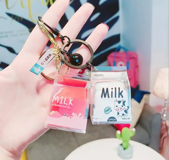 Creative Dairy Cow Milk Drinks acrylic Keychain Fruit Milk Moving Liquid Keyrings decompression drift bottle Jewelry Kids Gifts