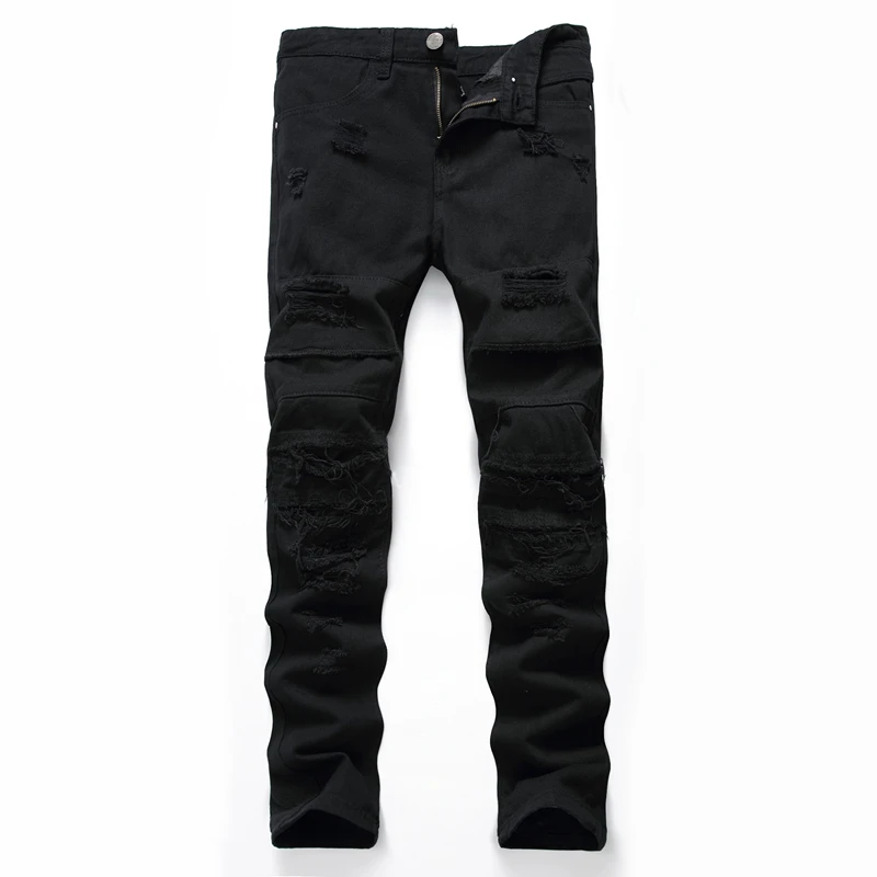 Gmancl мужские рваные прямые тонкие хип-хоп джинсовые штаны рваные колени повседневные Высококачественные однотонные мужские байкерские