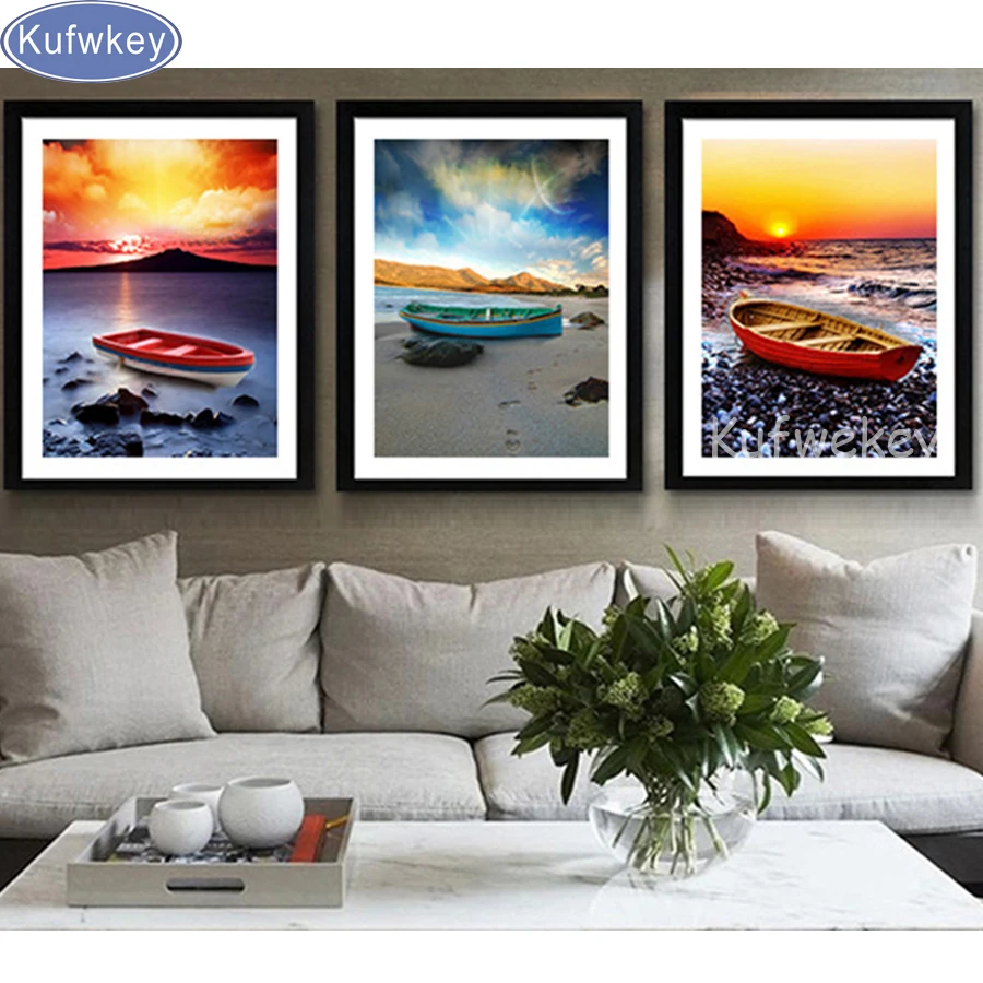 

Nordic style diy 5d diamond embroidery mosaic,Sunrise,Seaside,Boat,Landscape Wall Art cross stitch diamond painting triptych