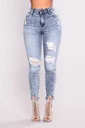 Модные женские туфли рваные джинсовые узкие Брюки для девочек Высокая талия стрейч Винтаж Джинсы для женщин Рыхлителя отверстие длинные