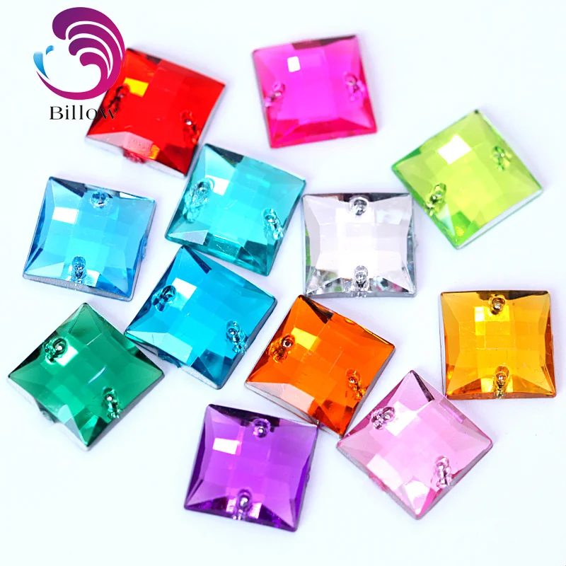 

New style 12mm Acrylic Mix color 50 pcs Sew-On 2 Holes Square Sew On Rhinestone Beads Sewing on for garments B3078