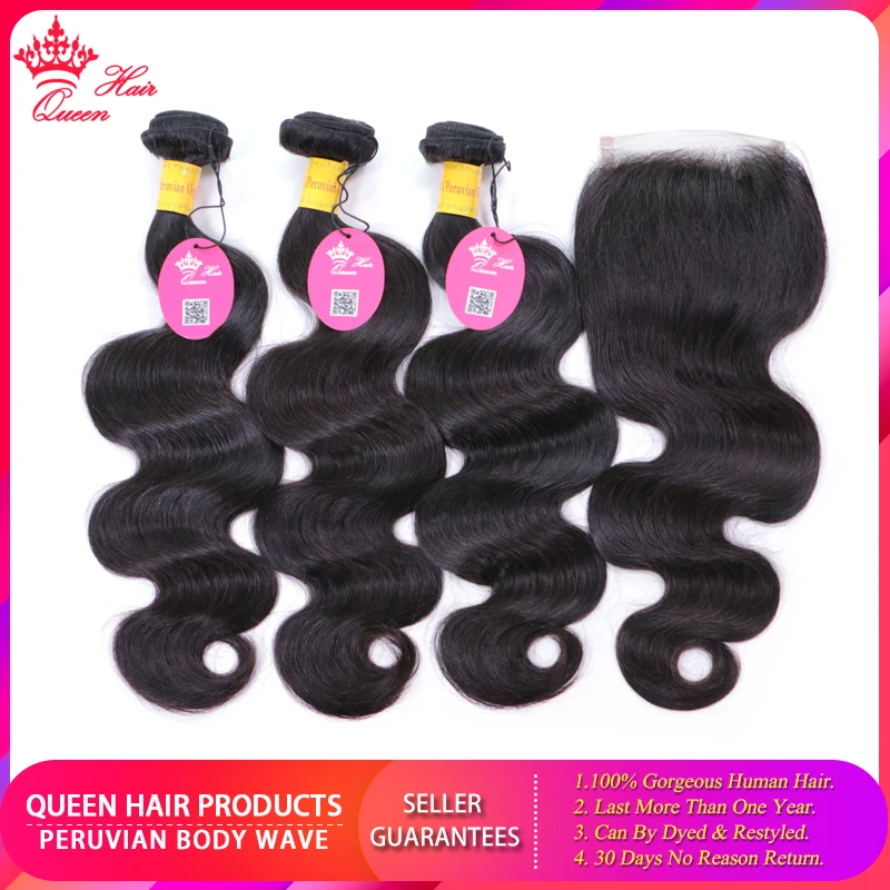 Queen Hair Official Store Peruvian Virgin Hair Bundles with Lace Closure Body Wave Hair Bundles with Closure 100% Human Hair