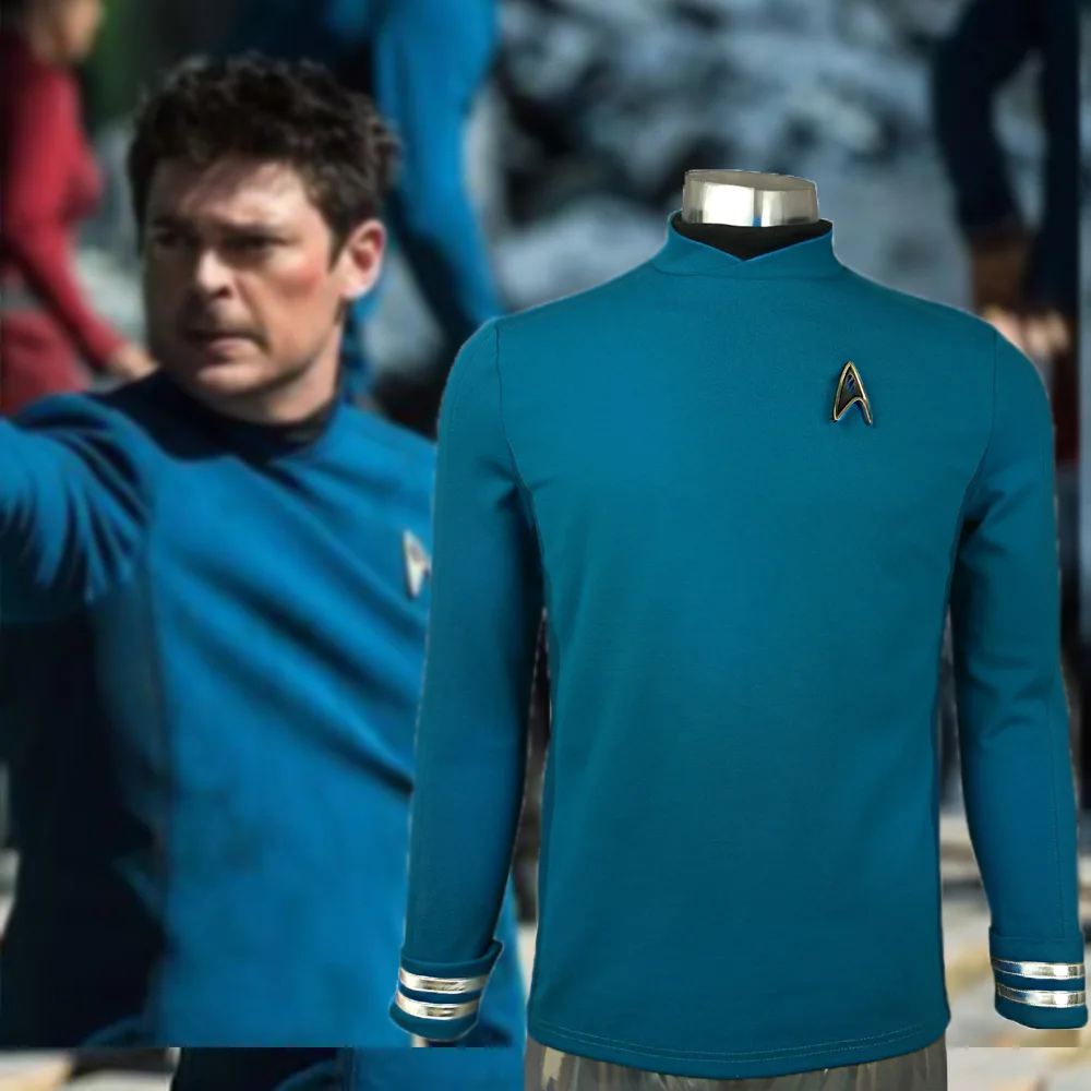 

Cosplay Star Trek Custume Beyond Blue Captain Kirk Uniform Spock Blue Uniform Badge Scotty Red Halloween Party Prop