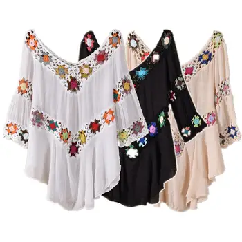 

FangNymph Women Hollow Crochet Bikini Cover up V Neck Swimwear Blouse Girls Loose Swimsuit Beach Dress Beachwear Smock