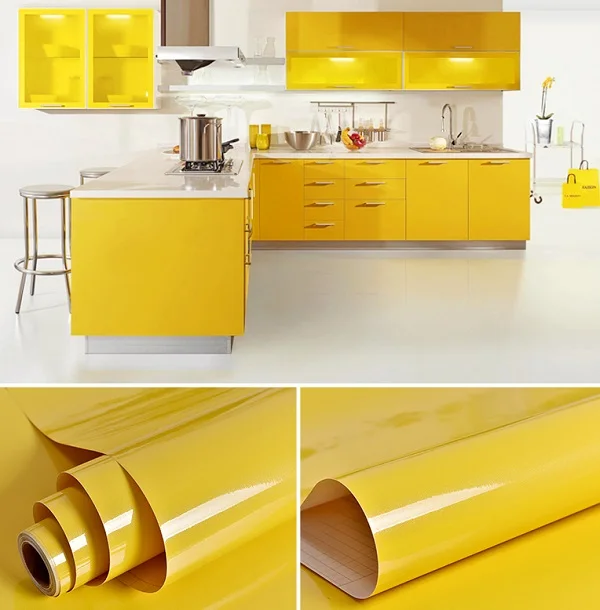3M Glossy DIY Adhesive Vinyl Film Furniture Renovation Stickers Kitchen Cabinet Contact Paper Waterproof Self adhesive Wallpaper - Цвет: Yellow
