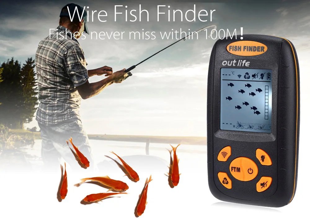 Outlife XF-01 Portable Sonar LCD Fish Finder Wire Alarm 100M