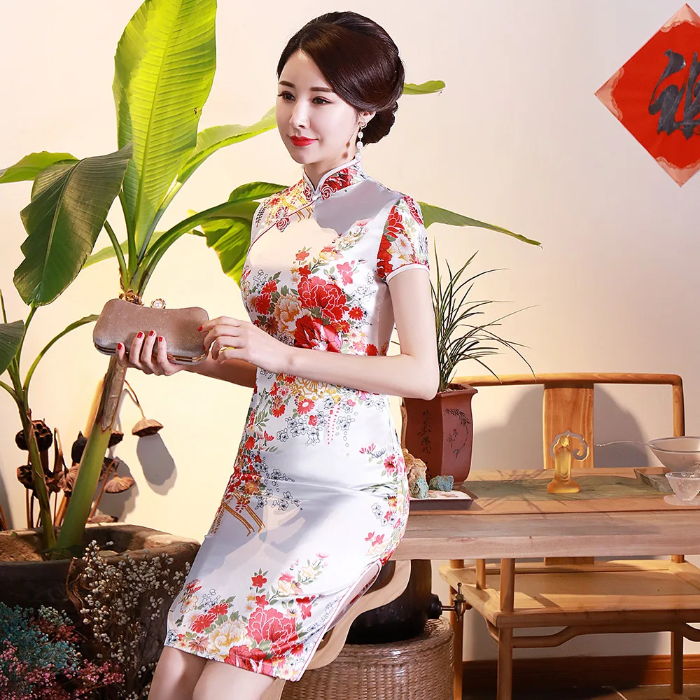 

White Classic Women Cheongsam Traditional Chinese Style Wedding Dress Printed Flower Slim Satin Qipao Vestidos Plus Size 3XL 4XL