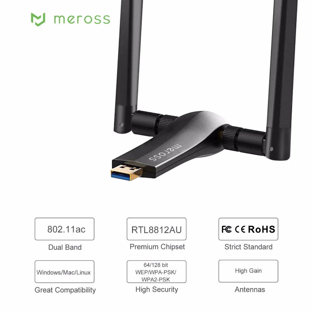 1200 Мбит/с беспроводной адаптер 802.11ac 2,4 ГГц/5 ГГц двухдиапазонный WiFi USB ключ с высоким коэффициентом усиления внешней антенны Meross MWA265