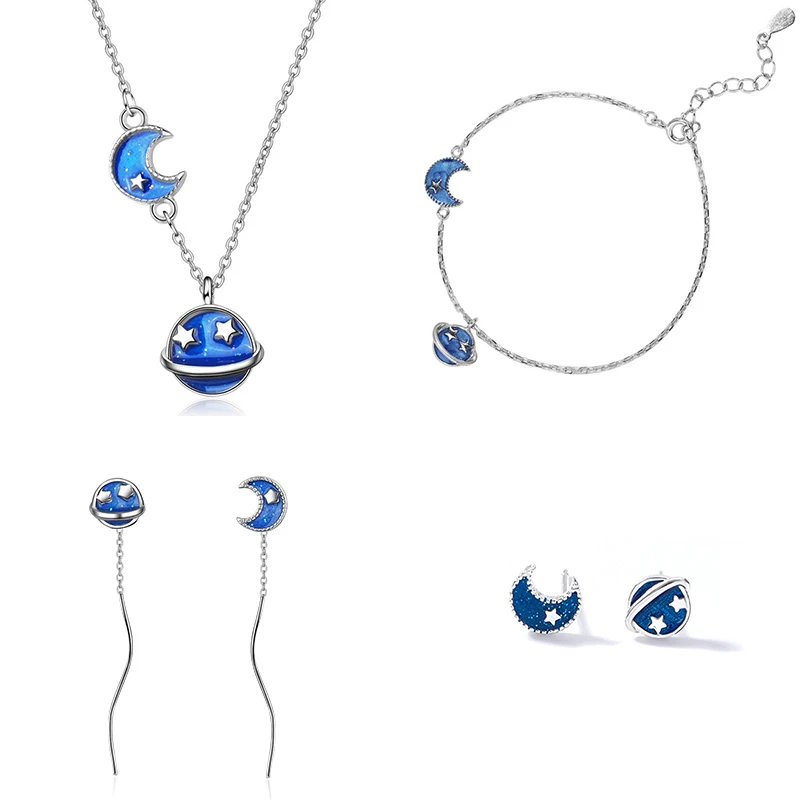 

XIYANIKE 925 Sterling Silver Blue Originality Star Moon Asymmetry Jewelry Sets Exquisite Unique For Women Girl Gift NE+BR+EA