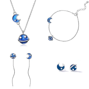 

XIYANIKE 925 Sterling Silver Blue Originality Star Moon Asymmetry Jewelry Sets Exquisite Unique For Women Girl Gift NE+BR+EA