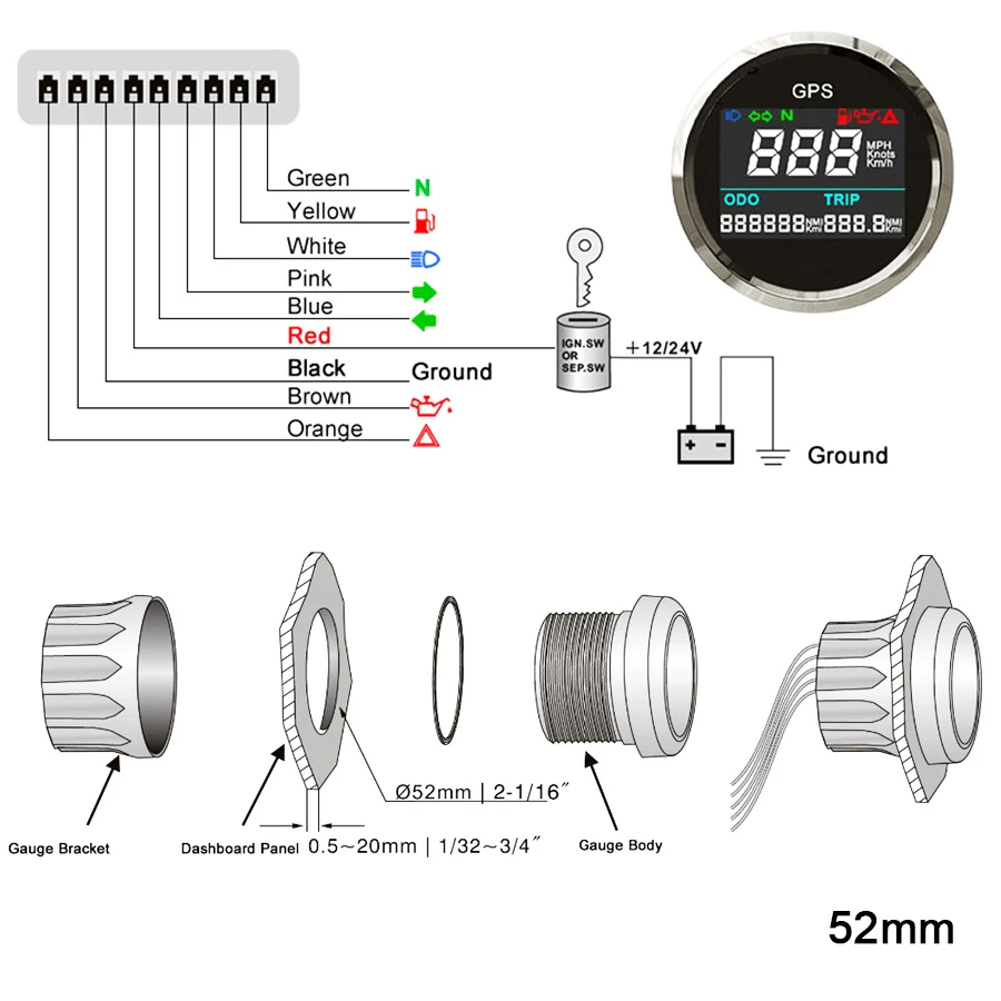 52 мм цифровой gps спидометр одометр тахометр для лодки для автомобилей MPH датчик поездки счетчик 12 В/24 В