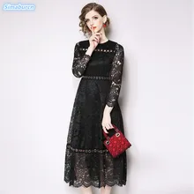 Autumn Black Lace Dress Women Work Casual Slim Fashion O-neck Hollow Out Blue Dresses Ladies A-line Casual Vestidos New Arrival original 2 pieces set dress 2017 new autumn slim fashion temperament black lace dresses women