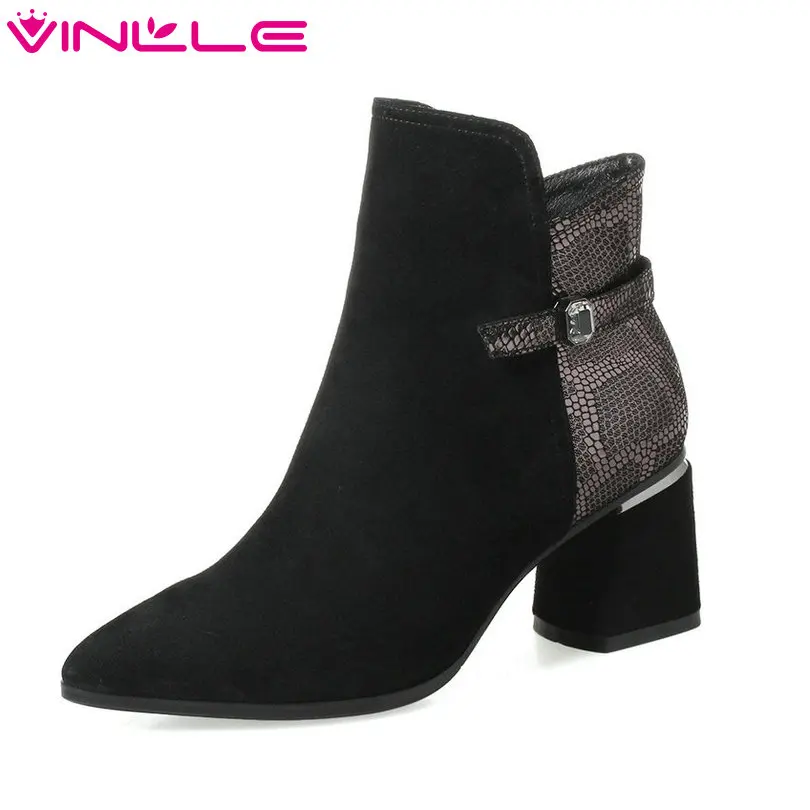 

VINLLE 2019 Women Shoes Ankle Boots Zipper Square High Heels Cow Leather Pointed Toe Autumn Woman Motorcycle Shoes Size 34-42