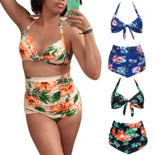 High Waist Slim Bathing Suit Beach Swimsuit Plump Chubby M L XL Biquini FLoral Print Women Sexy Bikini Set Halter Push-Up Bra