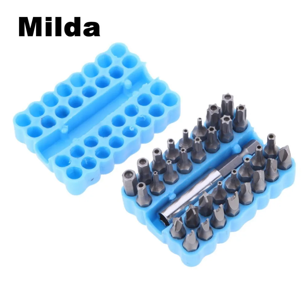 

Milda 33pcs Torq Torx Hex Star Spanner Tri Wing Electric Screwdriver Extension Holder Bit Magnetic Security Tamper Proof Bit Set