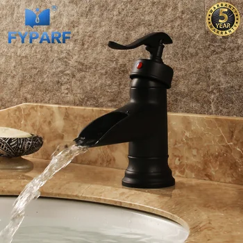 

FYPARF Waterfall Bathroom Faucet Brass Material Bathroom Basin Mixer Tap Deck Mount Cold Hot Black Matte Taps For Bathroom B1034