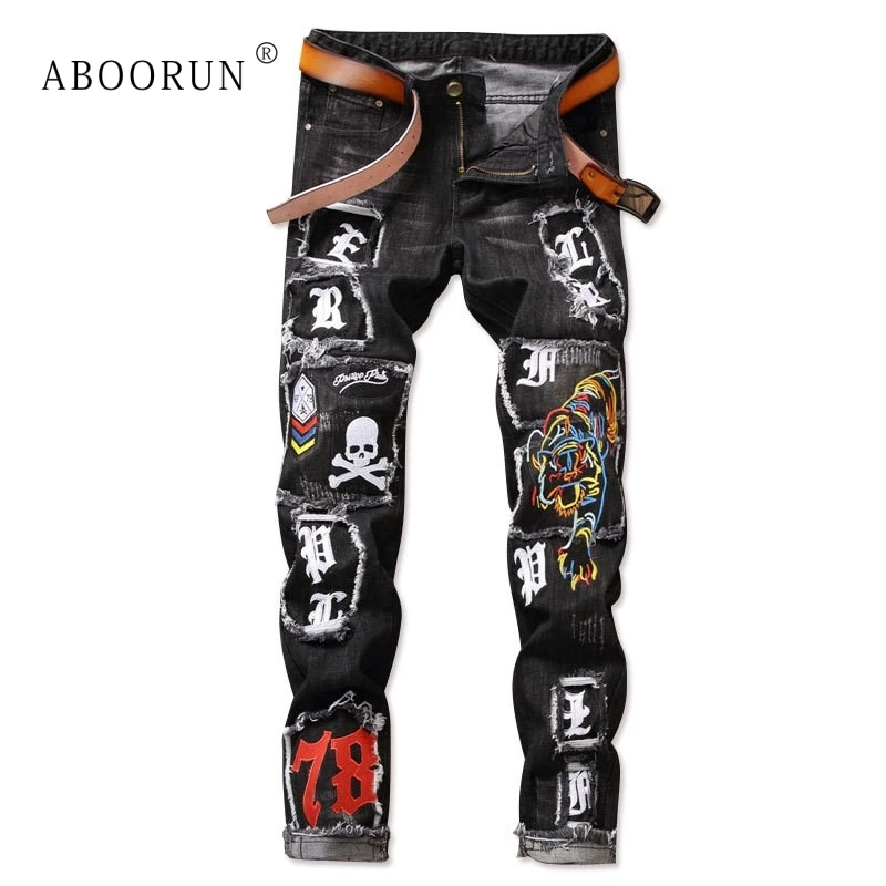 

ABOORUN Fashion Men's Punk Jeans Tiger Skull Embroidery Jeans Nightclub Patchwork Denim Pants for Male YC1161