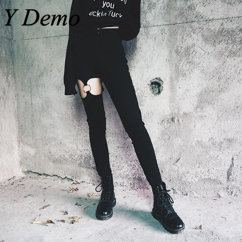 

Sexy Women Thigh Holes Skinny Pants Harajuku Circle Elastic Pencil Pants