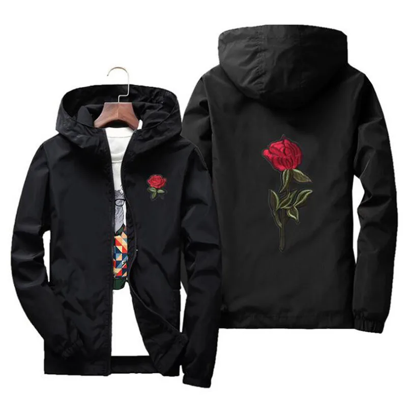 

JOOBOX Embroidery Rose Flower windbreaker Jacket men Hooded bomber jacket Skin Mens Jackets jaqueta masculina Big Size S M 7XL